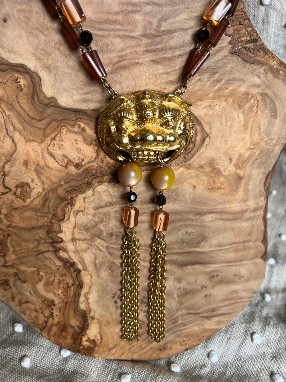 Rare Judith Leiber Foo Dog Pendant Necklace with Amber and Brown Beads